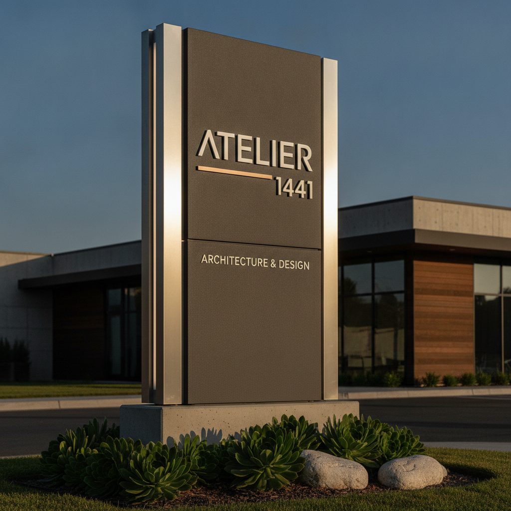 Freestanding monument sign on a base in front of a commercial building