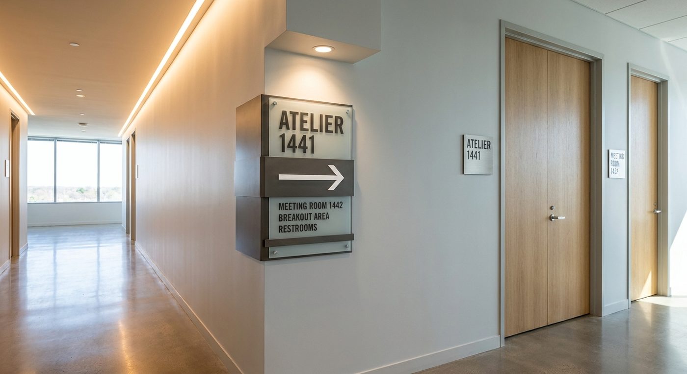 Signalisation directionnelle et plaques de porte dans un corridor de bureau